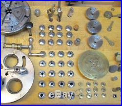 G Boley watchmaker lathe, cross slide, 6 jaw chuck, pivoting tool, 32 collets ++
