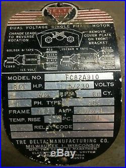 Vintage Delta Lathe Saw Sander Jointer Motor 3/4 HP 1,725 RPM 115 V Dual Shaft