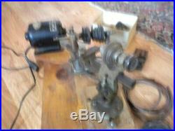 Vintage small Machinery mini wood lathe w tool kit and motor
