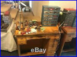 Watchmakers Shop Tools, parts, benches, lathe, staking sets, crystals, cabinets
